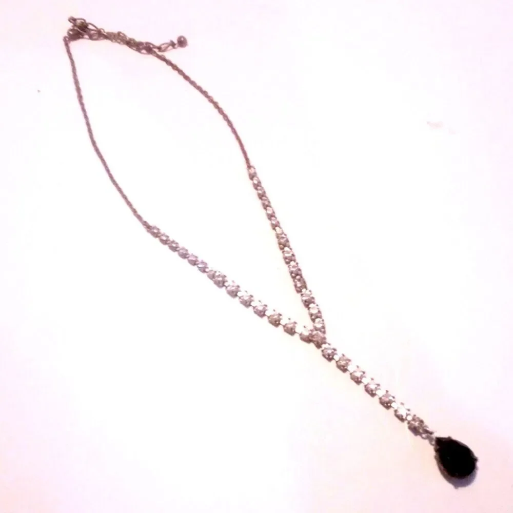 Vintage Rhinestone Y Drop Gold Tone Necklace